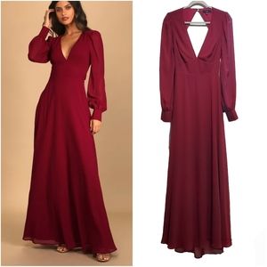 Lulus Talk About Divine Burgundy Long Sleeve Backless Maxi Dress